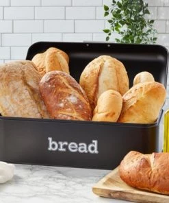 Juvale Bread Boxes for Kitchens Countertop, Stainless Steel Bread Bin Dry Food Storage Containers, Matte Black, 16.75 x 9 x 6.5 inches