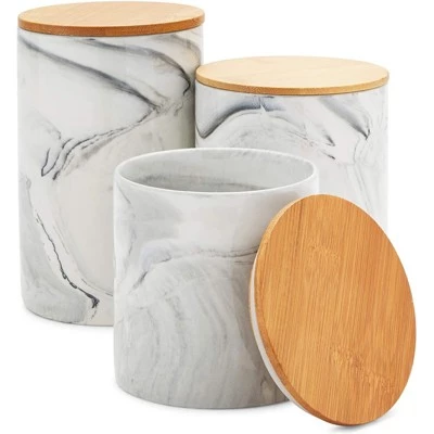 Farmlyn Creek 3 Piece Small Marble Ceramic Kitchen Canister Sets for Seasoning & Snacks with Bamboo Lids, White, 3 Sizes 4 Farmlyn Creek 3 Piece Small Marble Ceramic Kitchen Canister Sets for Seasoning & Snacks with Bamboo Lids, White, 3 Sizes - Image 2