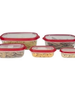 Home Basics 5 Piece Spill-Proof Rectangle Plastic Food Storage Container with Ventilated, Snap-On Lids, Red