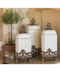 GG Collection 15-Inch Tall Provencial Cream Canister with Brown Metal Scrolled Base