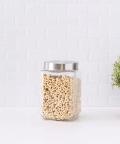 Home Basics 56 oz. Square Glass Canister with Brushed Stainless Steel Screw-on Lid Clear