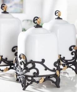 GG Collection 14-Inch Tall Gold Leaf Ceramic Canister with White Stoneware and Espresso Brown Vines and Gold Leaf Accented Base.