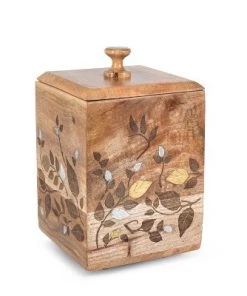 GG Collection Mango Wood with Laser and Metal Inlay Leaf Design Large Canister.