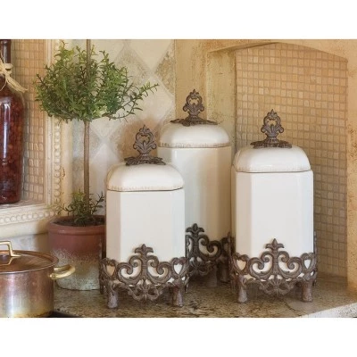 GG Collection 14-Inch Tall Provencial Cream Canister with Brown Metal Scrolled Base 3 GG Collection 14-Inch Tall Provencial Cream Canister with Brown Metal Scrolled Base