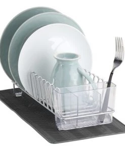 mDesign Compact Dish Drying Rack and Silicone Mat, Set of 2