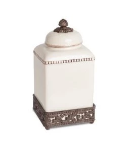GG Collection 13.5-Inch Tall Cream Ceramic Canister with Acanthus Leaf Adorned Metal Base