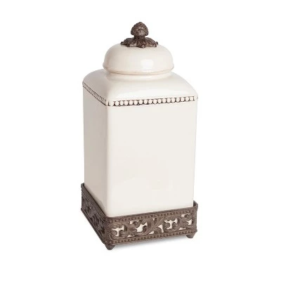 GG Collection 15-Inch Tall Cream Ceramic Canister with Acanthus Leaf Adorned Metal Base 3 GG Collection 15-Inch Tall Cream Ceramic Canister with Acanthus Leaf Adorned Metal Base