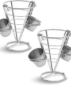 Juvale 2-Pack Stainless Steel French Fries Stand Cone Basket Holder Rack with 2 Sauce Dip Dishes for Finger Food Appetizers, Silver -Kitchen Storage shop unnamed file 1822