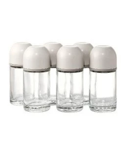 Juvale 6 Piece Glass Spice Jar Bottles Set with Dispenser Tops and Organization Caddy, Clear & White, 3.5 oz./100 mL