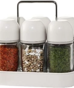 Juvale 6 Piece Glass Spice Jar Bottles Set with Dispenser Tops and Organization Caddy, Clear & White, 3.5 oz./100 mL -Kitchen Storage shop unnamed file 1956