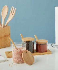 Juvale Set of 3 Glass Seasoning Containers with Bamboo Lids, Spoons & Wooden Base (3 Sizes)