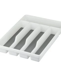Home Basics Plastic Cutlery Tray with Rubber-Lined Compartments, White