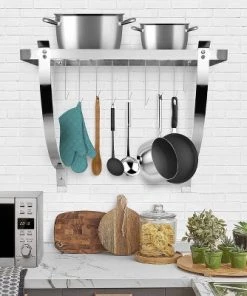 Sorbus Wall Mount Pot Rack with Hooks - Chrome