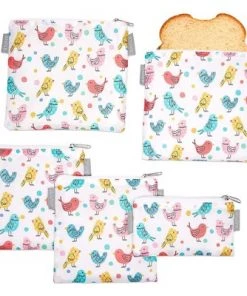 Juvale 5 Pack Resealable Plastic Bags, Colorful Bird Reusable Snack Bags with Zipper (3 Sizes)