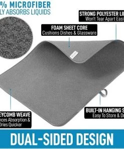 Zulay Kitchen XL 24” x 17” Microfiber Dish Drying Mat - Ultra Absorbent Dish Drying Mats For Kitchen Counter & Table - Dual Sided Dish Mat (Gray)