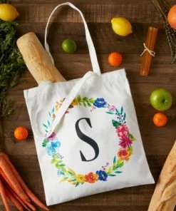 Okuna Outpost 2 Pack Monogrammed Initial Tote Bags, Reusable Grocery Bag for Women, Embroidered, White, 29 in.