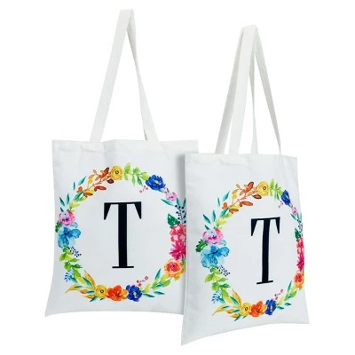 Okuna Outpost 2 Pack Monogrammed Initial Tote Bags, Reusable Grocery Bag for Women, Embroidered, White, 29 in. 12 Okuna Outpost 2 Pack Monogrammed Initial Tote Bags, Reusable Grocery Bag for Women, Embroidered, White, 29 in. - Image 10