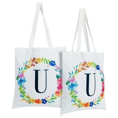 Okuna Outpost 2 Pack Monogrammed Initial Tote Bags, Reusable Grocery Bag for Women, Embroidered, White, 29 in. 13 Okuna Outpost 2 Pack Monogrammed Initial Tote Bags, Reusable Grocery Bag for Women, Embroidered, White, 29 in. - Image 11