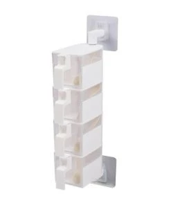 Mind Reader Wall Mounted Four Compartment Rotating Spice Rack Jars with Individual Spoons and Screw-Free Mounting, White