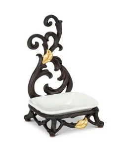 GG Collection White Stoneware Spoon-Soap Rest with Metal Gold Leaf Stand.