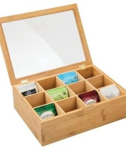 Kitchen Storage shop 36 mDesign Bamboo Tea Storage Organizer Box, Lid - Natural Wood