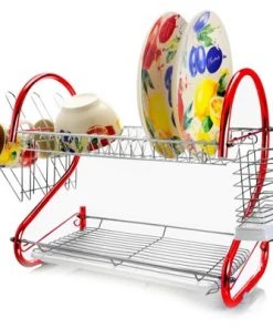 MegaChef 16 Inch Two Shelf Dish Rack in Red