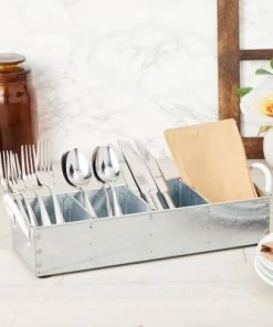 Farmlyn Creek Farmhouse Rustic Silverware Utensil Holder for Parties, Galvanized Metal Kitchen Flatware Caddy, 5 x 16.5