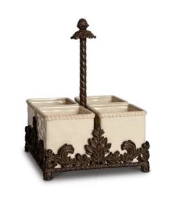 GG Collection Cream Ceramic Flatware Caddy With Acanthus Leaf Metal Holder