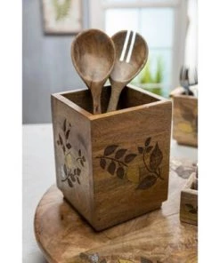 GG Collection Mango Wood with Laser and Metal Inlay Leaf Design Utensil Holder.
