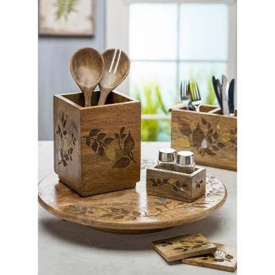 GG Collection Mango Wood with Laser and Metal Inlay Leaf Design Utensil Holder. 4 GG Collection Mango Wood with Laser and Metal Inlay Leaf Design Utensil Holder. - Image 2