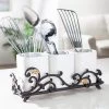 GG Collection Gold Leaf Ceramic 3-vase Flatware Caddy with Espresso Brown Vines and Gold Leaf Accented Base