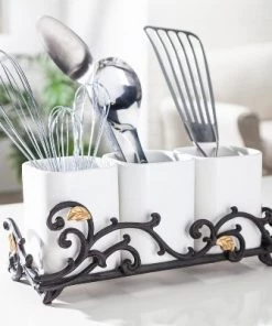 GG Collection Gold Leaf Ceramic 3-vase Flatware Caddy with Espresso Brown Vines and Gold Leaf Accented Base