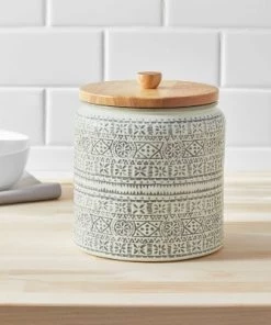 Kitchen Storage shop 4 Medium Stoneware Genesis Stripe Food Storage Canister with Wood Lid White/Gray - Threshold™