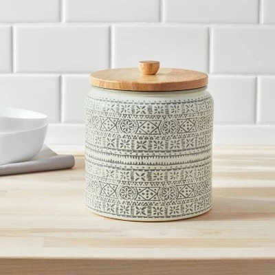 Medium Stoneware Genesis Stripe Food Storage Canister with Wood Lid White/Gray - Threshold™ 3 Medium Stoneware Genesis Stripe Food Storage Canister with Wood Lid White/Gray - Threshold™