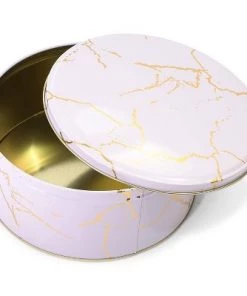 Juvale 3-Pack Empty Nesting Metal Tin Box Canister Set Round Storage Container for Cookie Candy Gift, White/Gold Marble 3 Sizes