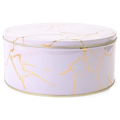 Juvale 3-Pack Empty Nesting Metal Tin Box Canister Set Round Storage Container for Cookie Candy Gift, White/Gold Marble 3 Sizes 5 Juvale 3-Pack Empty Nesting Metal Tin Box Canister Set Round Storage Container for Cookie Candy Gift, White/Gold Marble 3 Sizes - Image 3