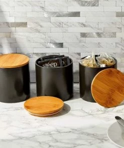 Juvale 3 Pack Black Ceramic Canisters with Bamboo Lids for Kitchen Counter, 4" x 4.13"