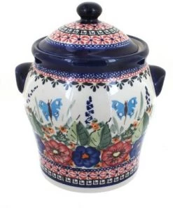 Blue Rose Pottery Blue Rose Polish Pottery Floral Butterfly Large Canister