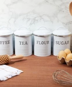 Farmlyn Creek 4 Pack Farmhouse Canister Set, White Metal Kitchen Containers with Lids (4 x 6.3 In)